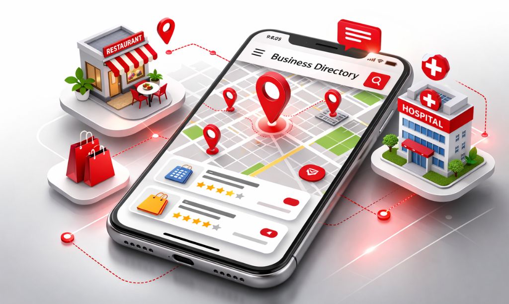 3D isometric illustration of a mobile business directory map with red location pins for hospitals, restaurants, and shops in Bangladesh.