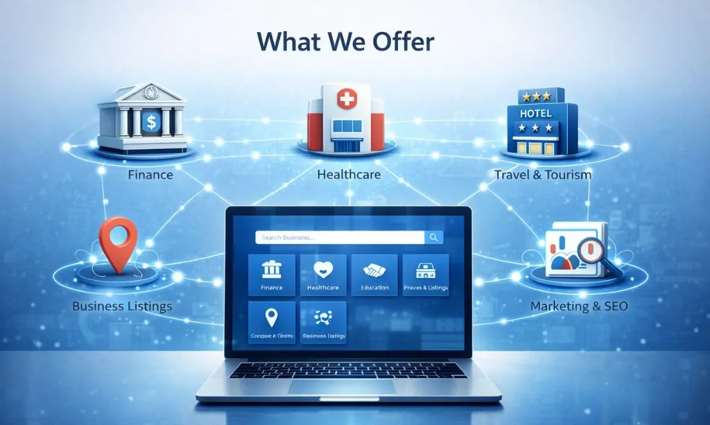 Services offered by InfoGhor Business Listings, Healthcare, Finance, Travel Guide, and Digital Marketing SEO Insights in Bangladesh.