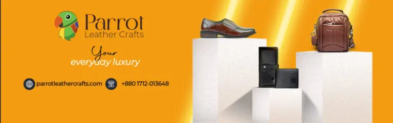 Official banner of parrot leather crafts showcasing luxury leather products with website and contact information for high-quality leather accessories in Bangladesh.