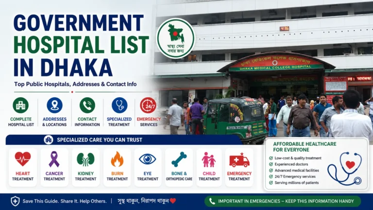Government Hospital List in Dhaka featuring Dhaka Medical College Hospital with public healthcare services, hospital addresses, and contact information in Bangladesh
