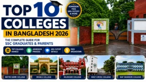 Top 10 Colleges in Bangladesh 2026 featuring Notre Dame College, Dhaka College, Rajshahi College, Holy Cross College, and BAF Shaheen College