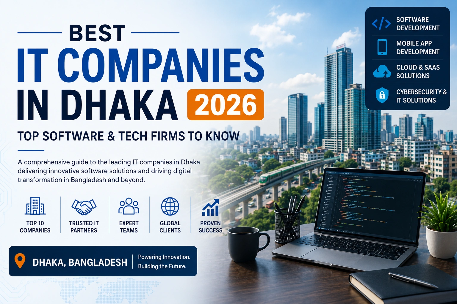 Best IT companies in Dhaka Bangladesh 2026 with software development and technology industry illustration