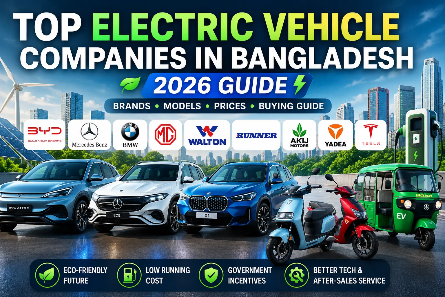 Top electric vehicle companies in Bangladesh 2026 featuring BYD BMW Mercedes MG Walton Runner Yadea and Tesla