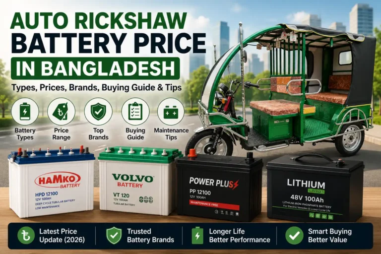 Auto Rickshaw Battery Price in Bangladesh showing an electric auto rickshaw, battery types, price guide, popular battery brands, and buying tips.