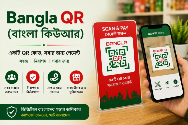 Bangla QR (বাংলা কিউআর) payment system in Bangladesh showing QR code scanning for secure digital payments