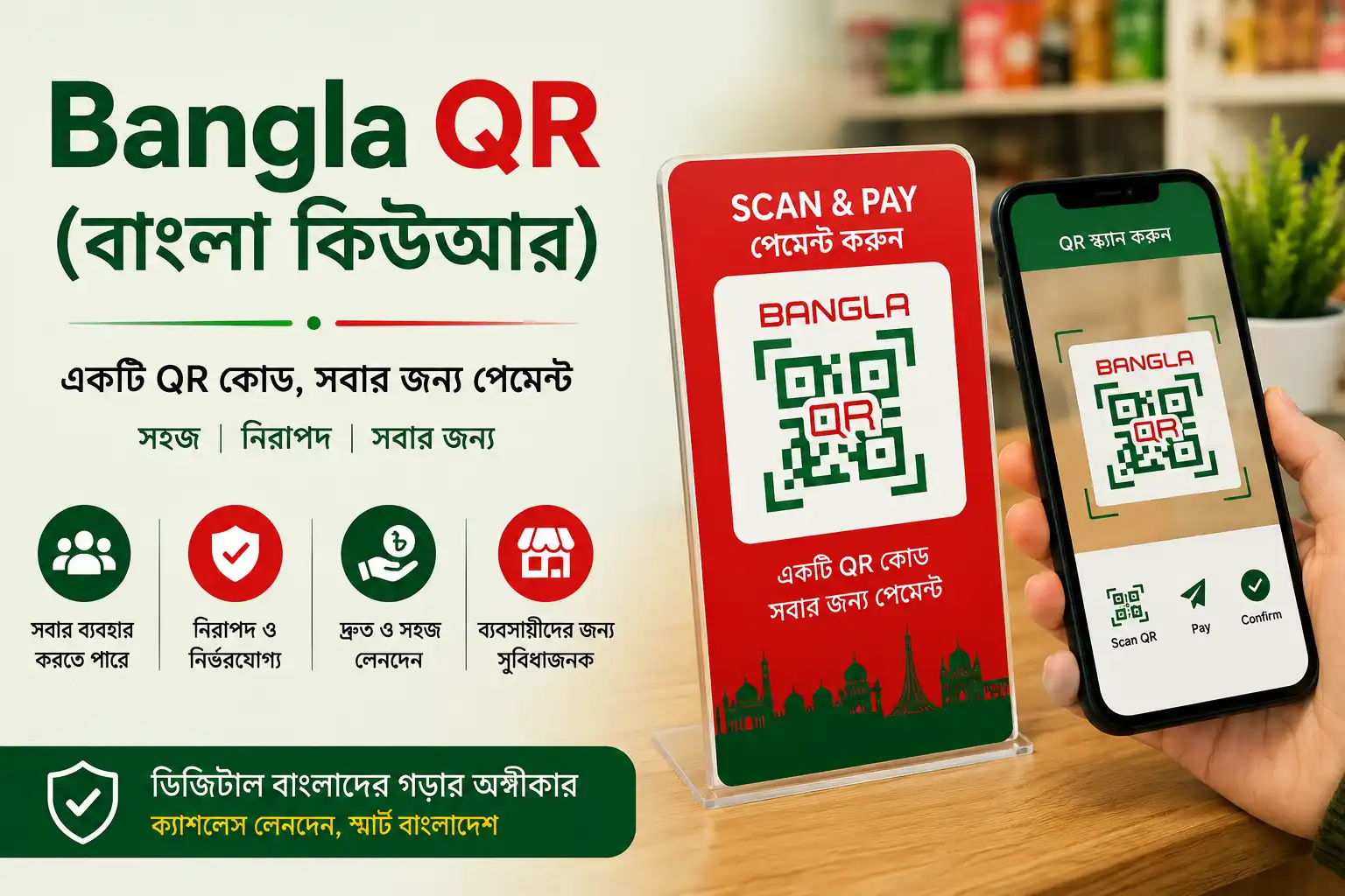 Bangla QR (বাংলা কিউআর) payment system in Bangladesh showing QR code scanning for secure digital payments