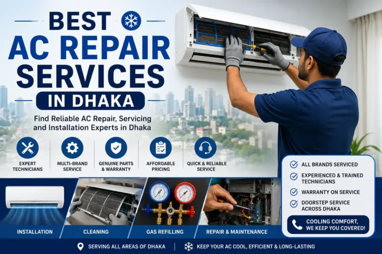 Best AC Repair Services in Dhaka featuring professional AC repair, installation, cleaning, gas refilling, and maintenance services.