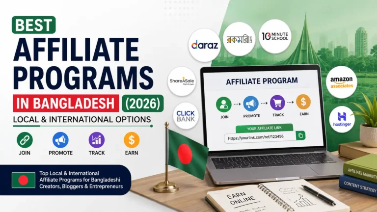 Illustration of the best affiliate programs in Bangladesh, featuring local and international affiliate marketing opportunities for bloggers, creators, and online entrepreneurs.
