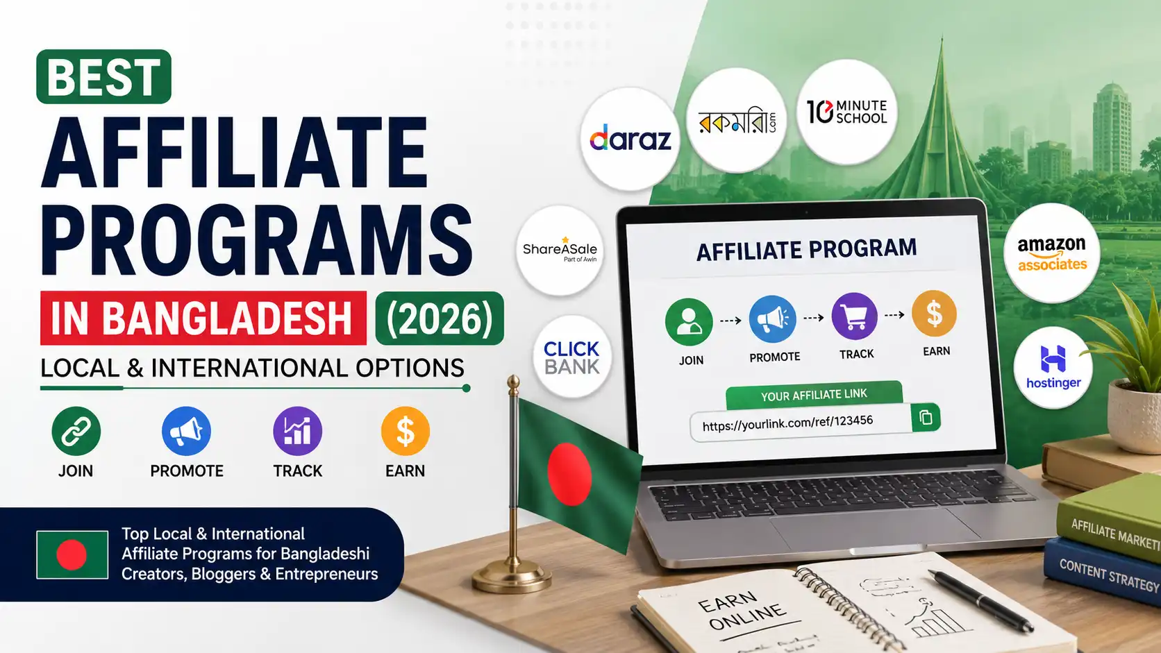 Illustration of the best affiliate programs in Bangladesh, featuring local and international affiliate marketing opportunities for bloggers, creators, and online entrepreneurs.