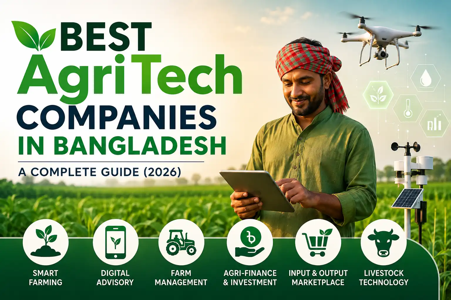 Best AgriTech Companies in Bangladesh featuring a farmer using smart farming technology, drone, IoT sensors, and digital agriculture solutions