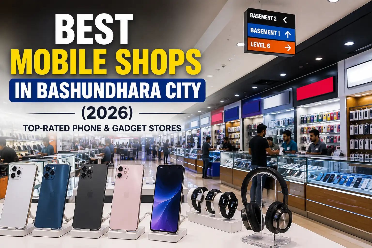 Best mobile shops in Bashundhara City featuring smartphones, gadgets, accessories, and busy phone stores inside Dhaka’s largest shopping mall