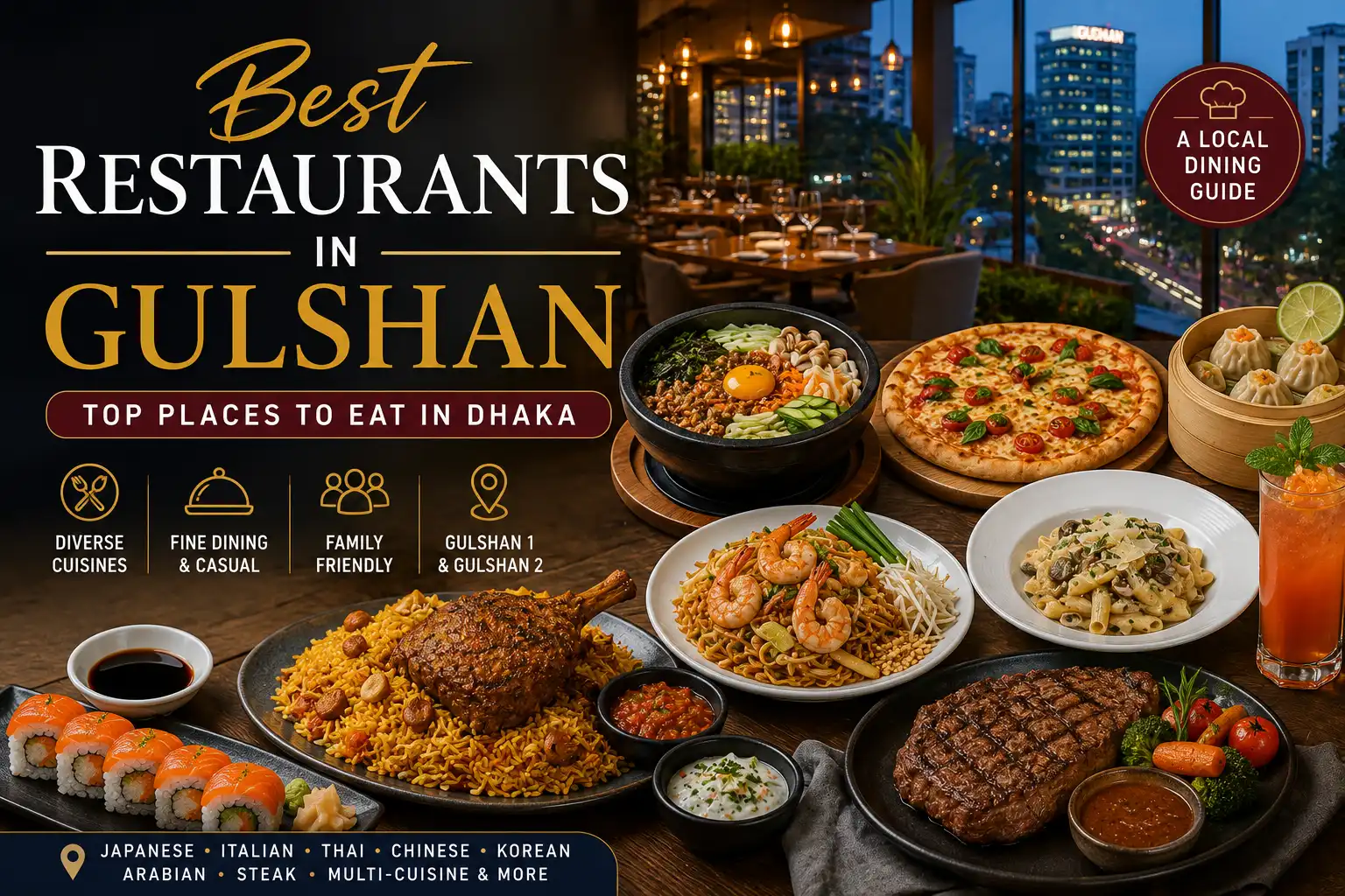 Best Restaurants in Gulshan featuring Japanese, Italian, Thai, Chinese, Korean, Arabian, steakhouse, and family-friendly dining in Dhaka.