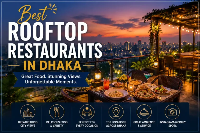 Best Rooftop Restaurants in Dhaka featuring rooftop dining, city views, sunset ambience, and outdoor seating.