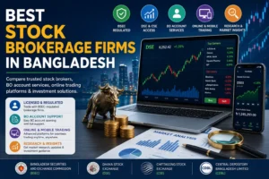 Illustration of the best stock brokerage firms in Bangladesh featuring stock market trading, BO account services, DSE and CSE access, online trading platforms, and investment solutions.