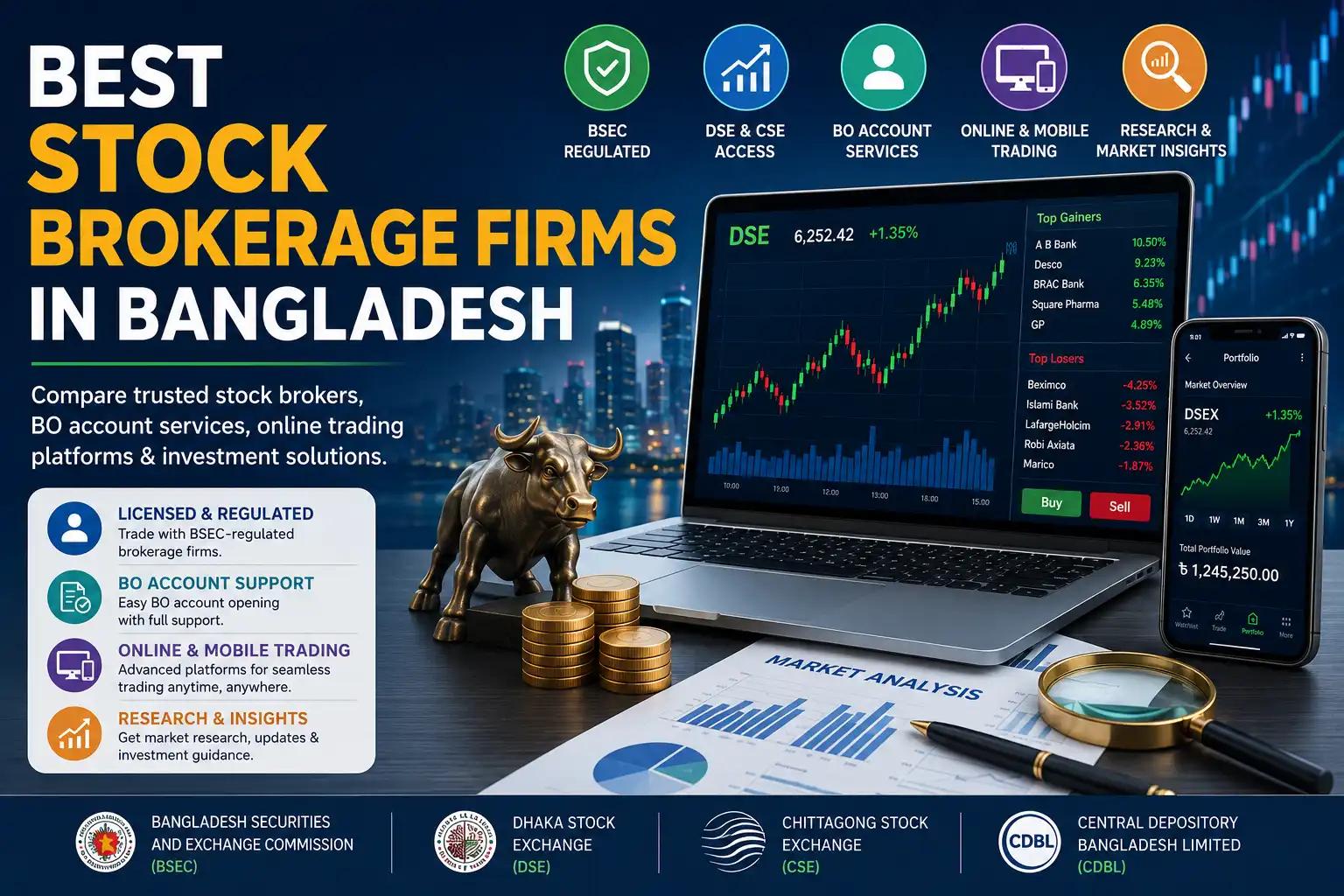 Illustration of the best stock brokerage firms in Bangladesh featuring stock market trading, BO account services, DSE and CSE access, online trading platforms, and investment solutions.