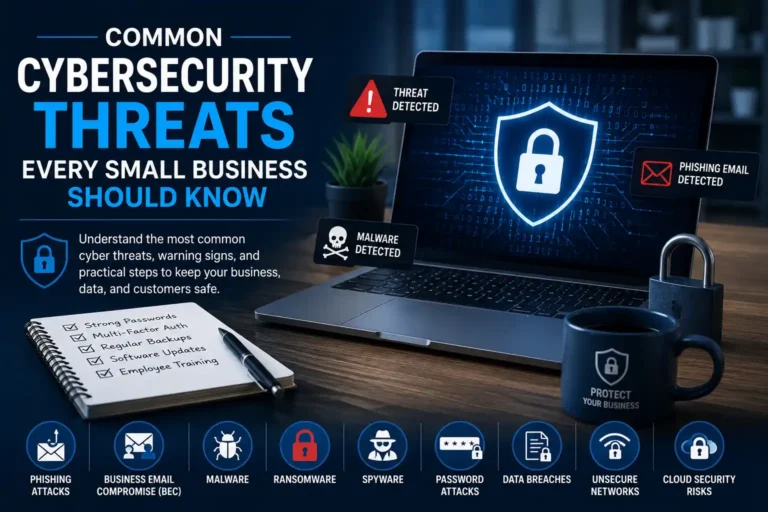 Common cybersecurity threats every small business should know, including phishing, ransomware, malware, password attacks, data breaches, insecure networks, and cloud security risks.