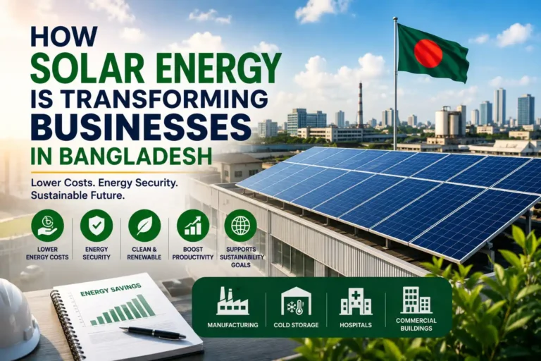 How Solar Energy Is Transforming Businesses in Bangladesh through commercial rooftop solar panels, renewable energy, net metering, and sustainable business operations.