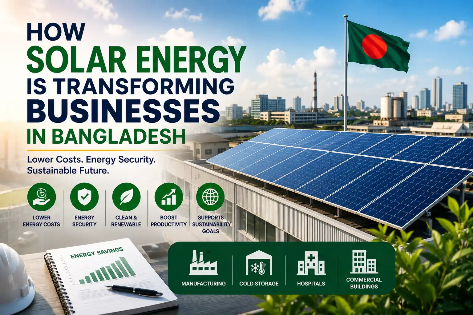 How Solar Energy Is Transforming Businesses in Bangladesh through commercial rooftop solar panels, renewable energy, net metering, and sustainable business operations.