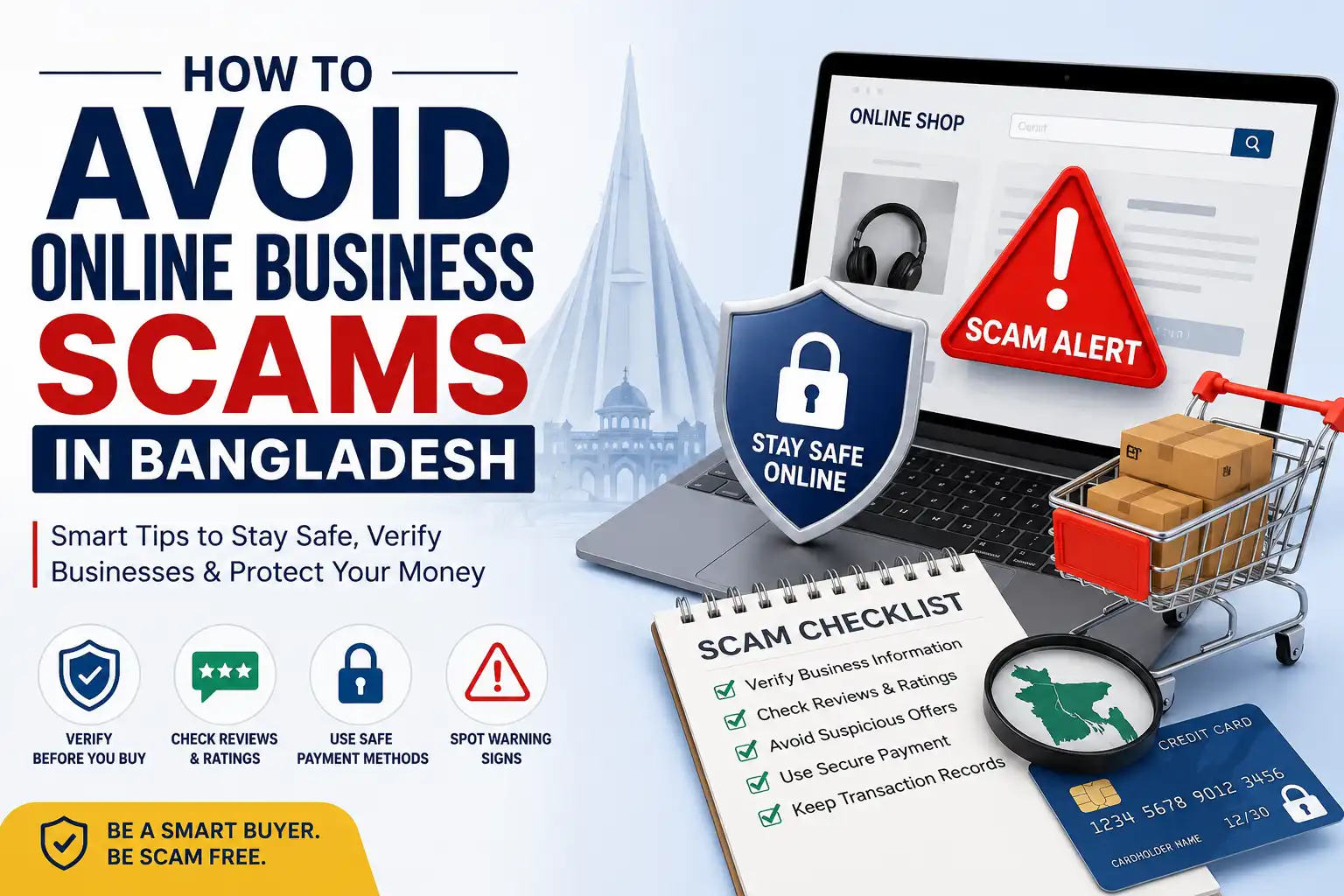 How to avoid online business scams in Bangladesh by verifying businesses, identifying warning signs, using safe payment methods, and protecting yourself from online fraud.