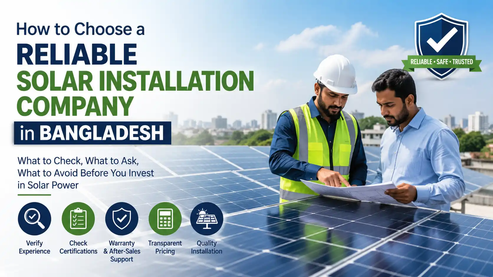 Professional engineers inspecting rooftop solar panels while explaining how to choose a reliable solar installation company in Bangladesh.