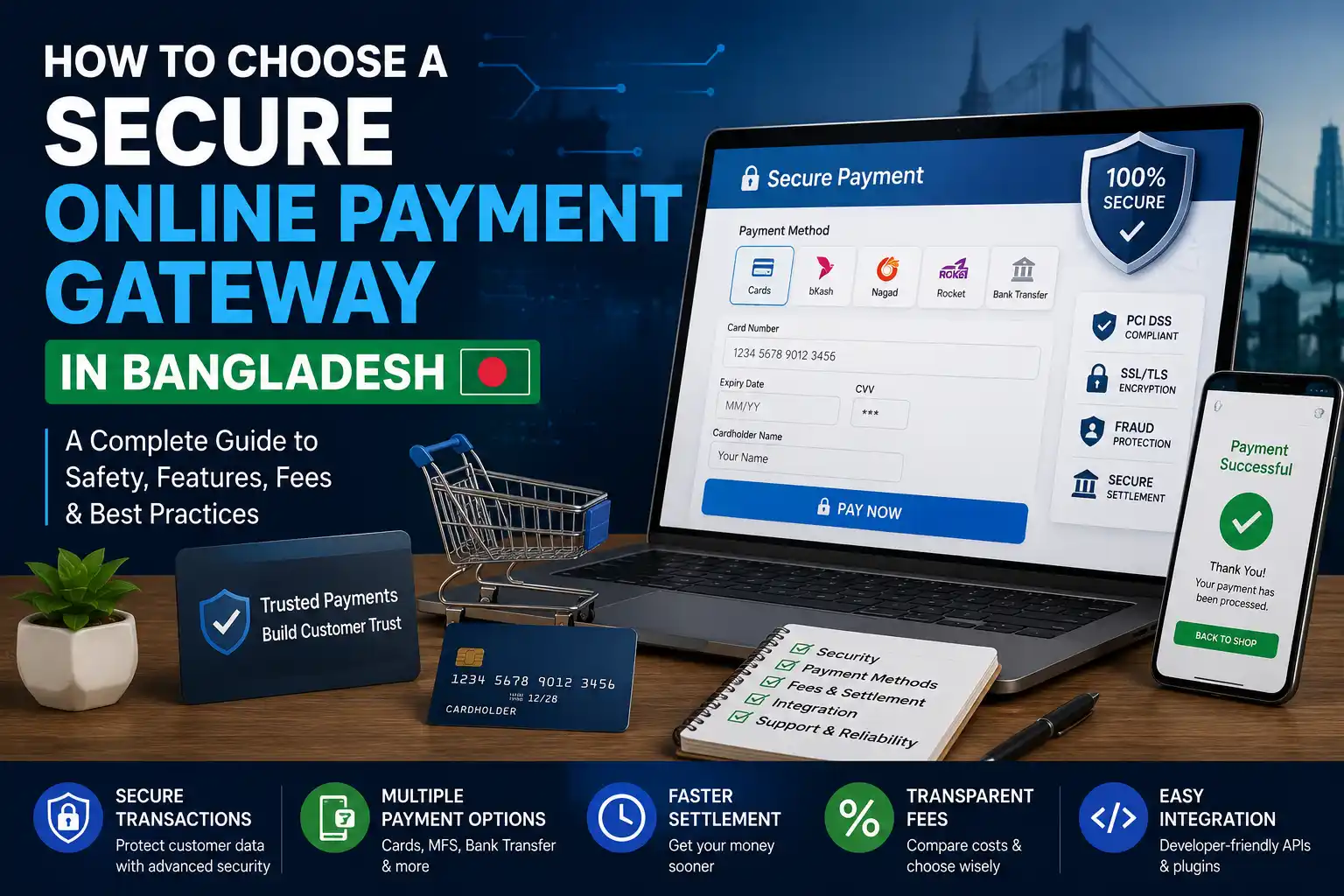 How to Choose a Secure Online Payment Gateway in Bangladesh showing PCI DSS, SSL/TLS encryption, fraud protection, payment methods, and secure online payment processing.