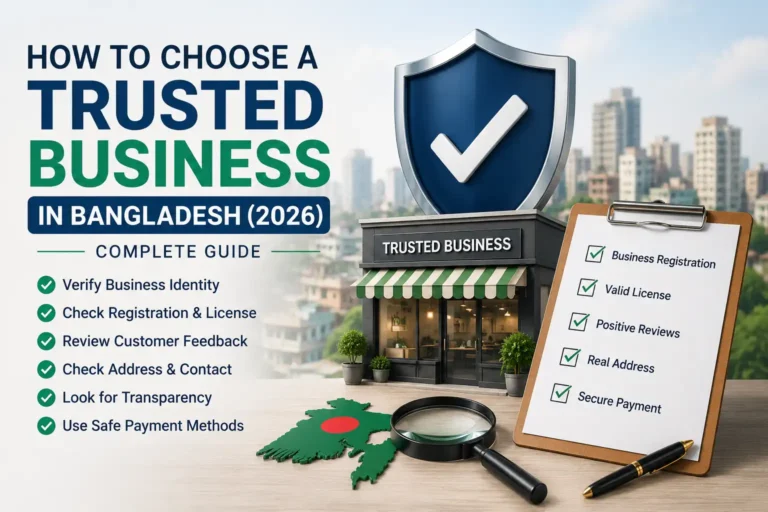 Illustration showing how to choose a trusted business in Bangladesh with business verification checklist, secure payment, customer reviews, and trust signals.