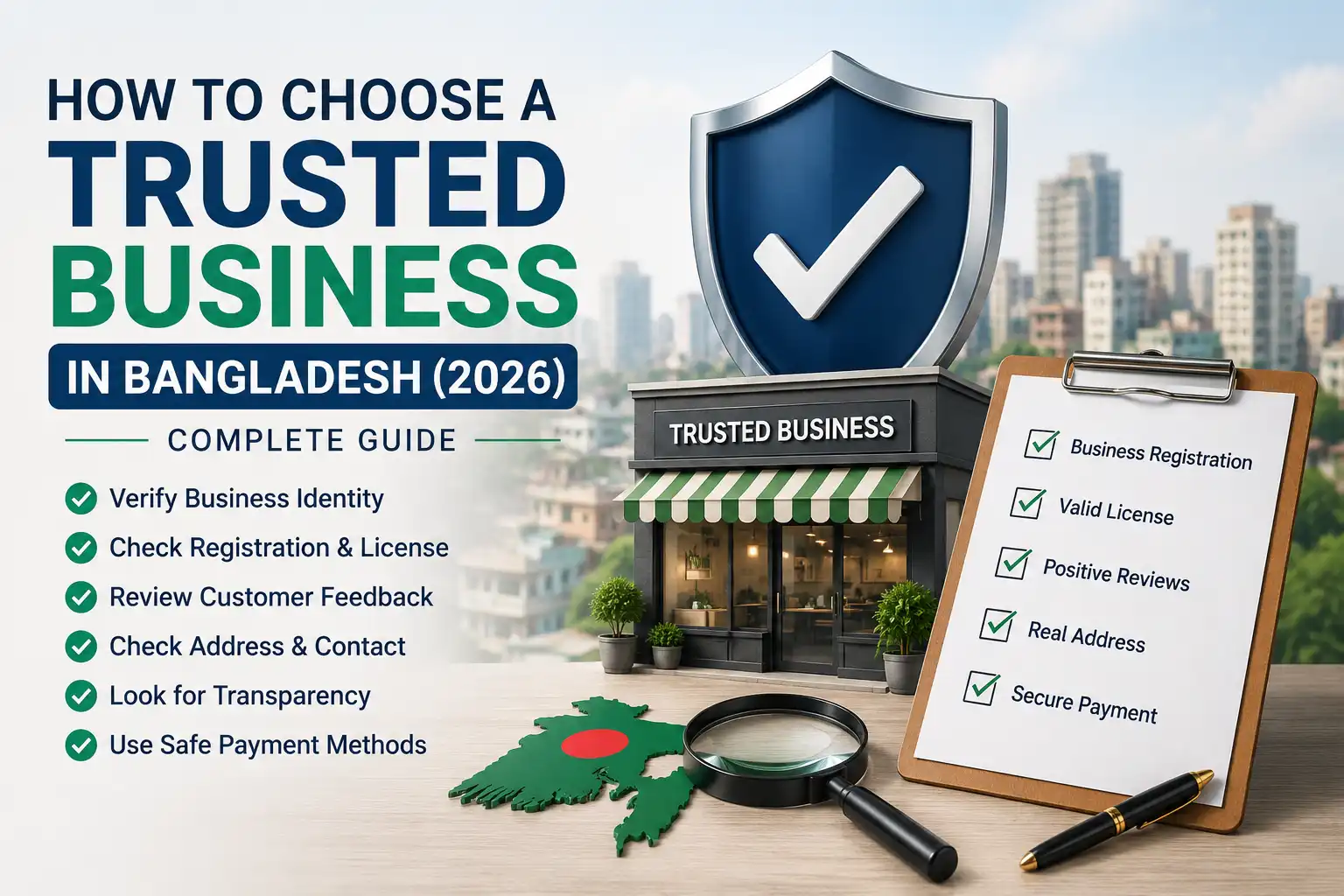Illustration showing how to choose a trusted business in Bangladesh with business verification checklist, secure payment, customer reviews, and trust signals.
