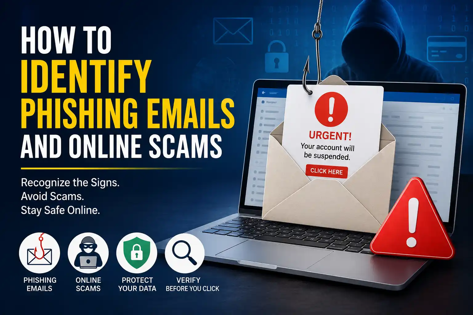 Illustration showing how to identify phishing emails and online scams with cybersecurity warning signs.