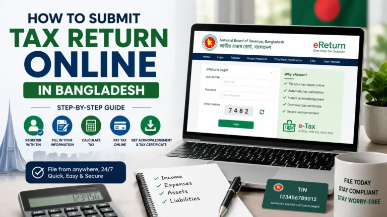 Laptop displaying the NBR e-Return portal with tax filing documents, illustrating how to submit an income tax return online in Bangladesh.