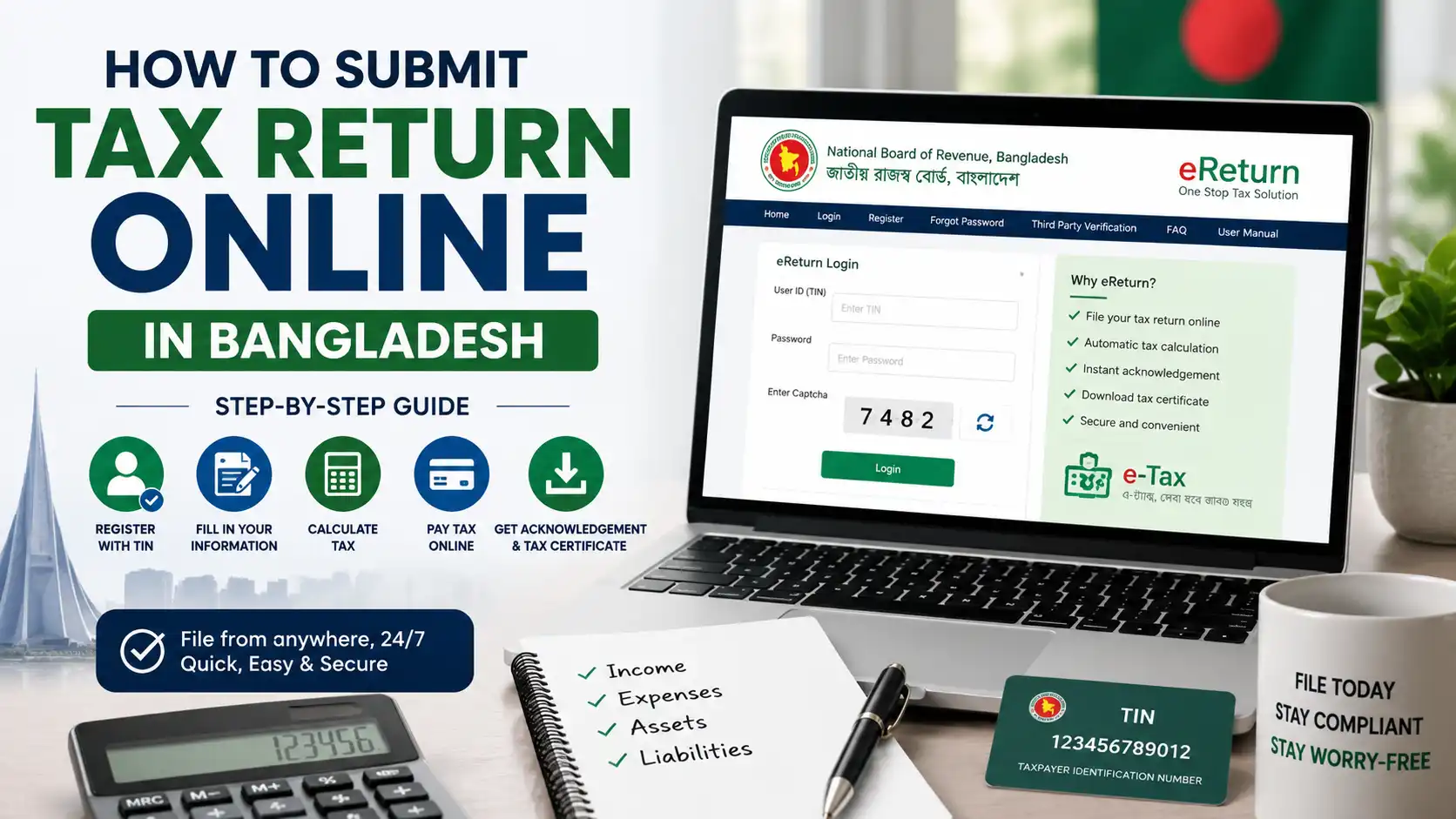 Laptop displaying the NBR e-Return portal with tax filing documents, illustrating how to submit an income tax return online in Bangladesh.