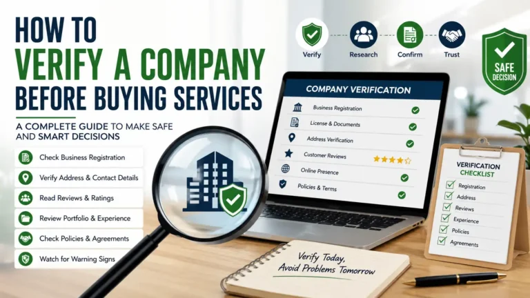 How to verify a company before buying services using a business verification checklist, company registration, customer reviews, and secure payment verification.