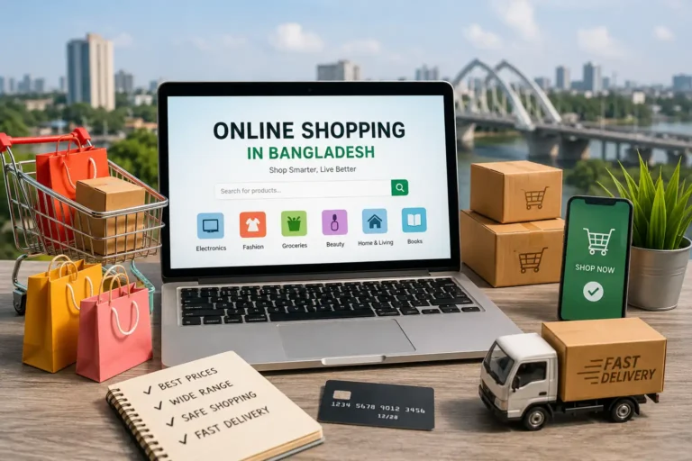 Top online shopping websites in Bangladesh showing e-commerce shopping, delivery boxes, mobile shopping, and online marketplace concept