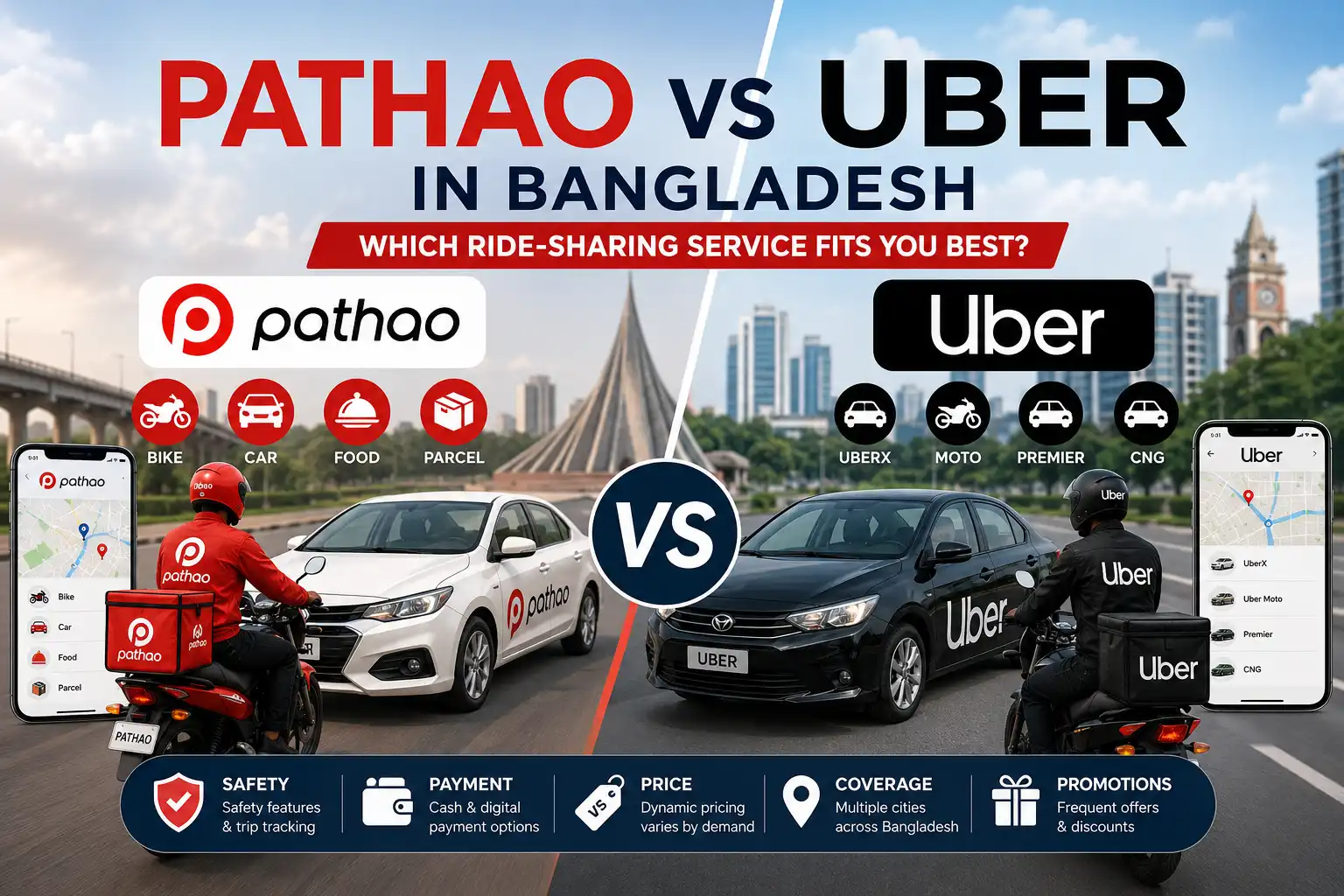 Pathao vs Uber in Bangladesh ride-sharing comparison showing bike, car, pricing, safety, and app features