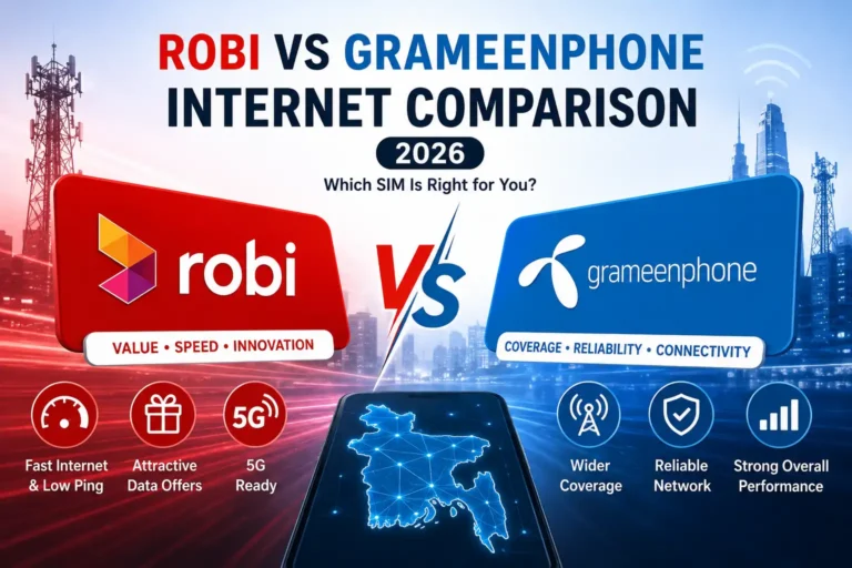 Robi vs Grameenphone internet comparison in Bangladesh showing coverage, speed, 5G, and mobile data value