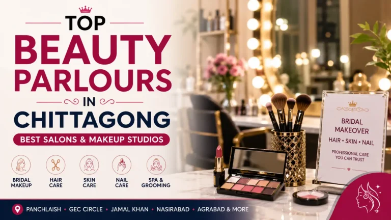 Modern beauty salon in Chittagong featuring bridal makeup, hair care, skincare, nail services, and professional beauty treatments.