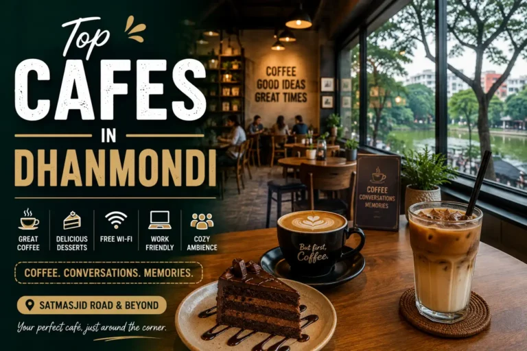 Top Cafes in Dhanmondi showcasing a modern coffee shop with specialty coffee, desserts, cozy seating, free Wi-Fi, and a work-friendly atmosphere.