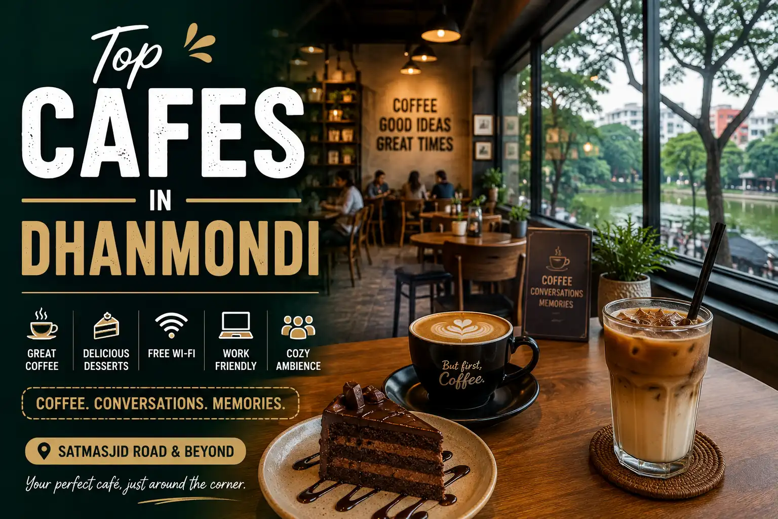 Top Cafes in Dhanmondi showcasing a modern coffee shop with specialty coffee, desserts, cozy seating, free Wi-Fi, and a work-friendly atmosphere.