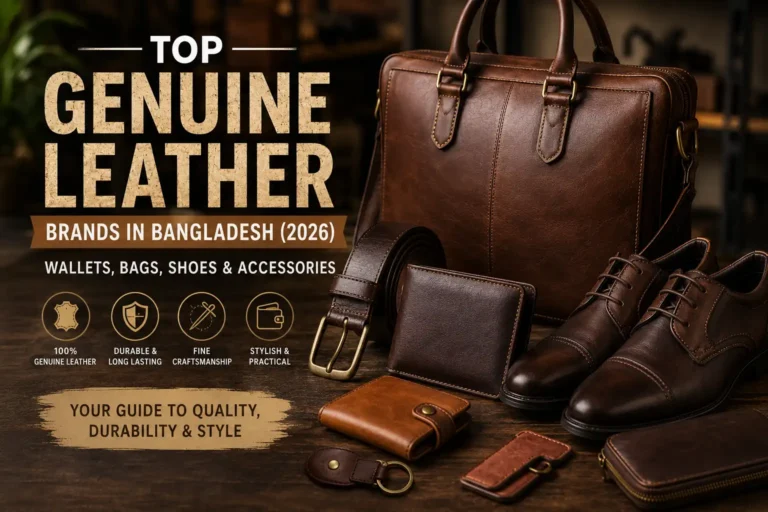 Top genuine leather brands in Bangladesh featuring leather bags, wallets, belts, and shoes