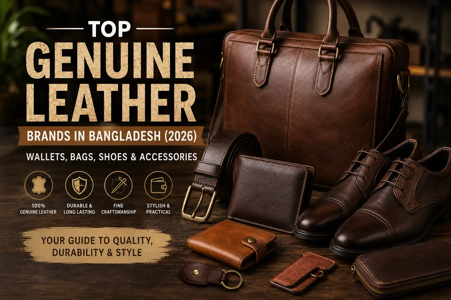 Top genuine leather brands in Bangladesh featuring leather bags, wallets, belts, and shoes