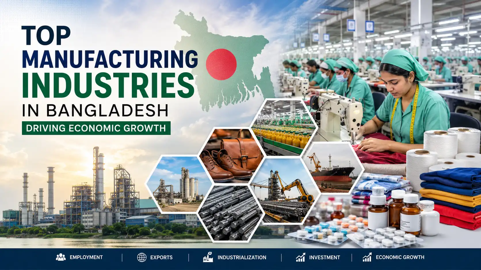 Top manufacturing industries in Bangladesh including garments, pharmaceuticals, steel, cement, ceramics, food processing, electronics, and shipbuilding driving economic growth.