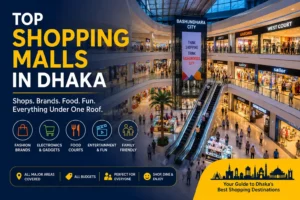 Modern shopping mall in Dhaka featuring fashion stores, electronics shops, food courts, entertainment facilities, and family-friendly shopping spaces.