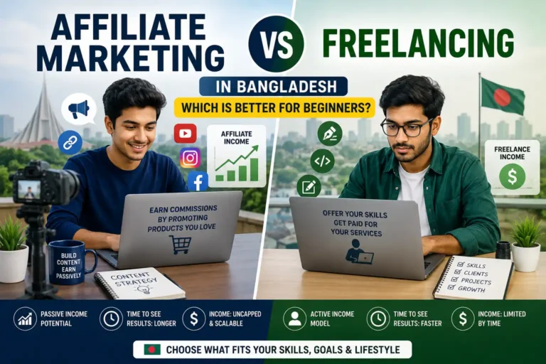 Comparison illustration of affiliate marketing vs freelancing in Bangladesh for beginners, highlighting income models, skills, and career opportunities.