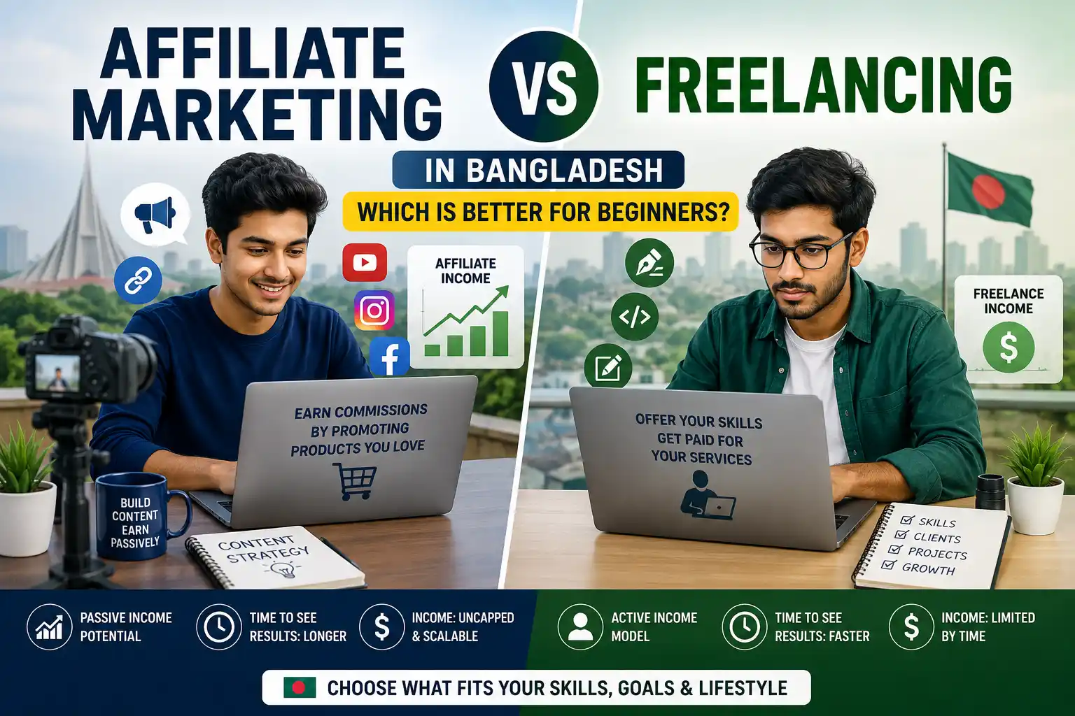Comparison illustration of affiliate marketing vs freelancing in Bangladesh for beginners, highlighting income models, skills, and career opportunities.