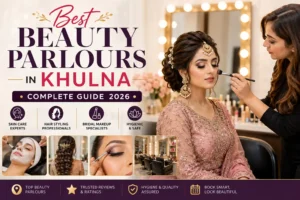 Illustration of the best beauty parlours in Khulna featuring a modern beauty salon, bridal makeup artist, professional hair styling, skin care treatments, and beauty consultation.