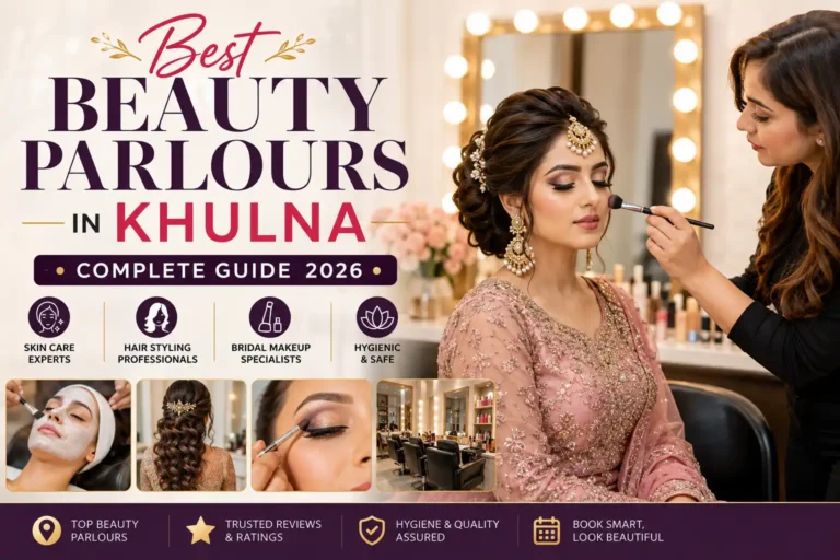 Illustration of the best beauty parlours in Khulna featuring a modern beauty salon, bridal makeup artist, professional hair styling, skin care treatments, and beauty consultation.
