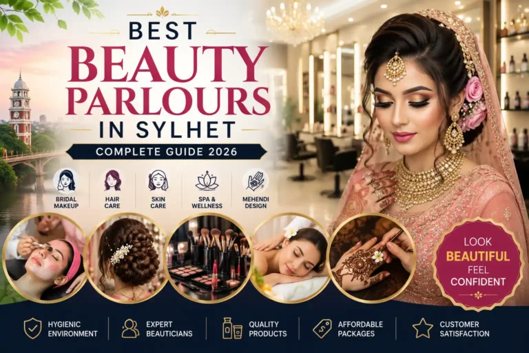 Illustration of the best beauty parlours in Sylhet featuring a modern beauty salon, bridal makeup artist, professional hair styling, skin care, spa services, and bridal beauty consultation.