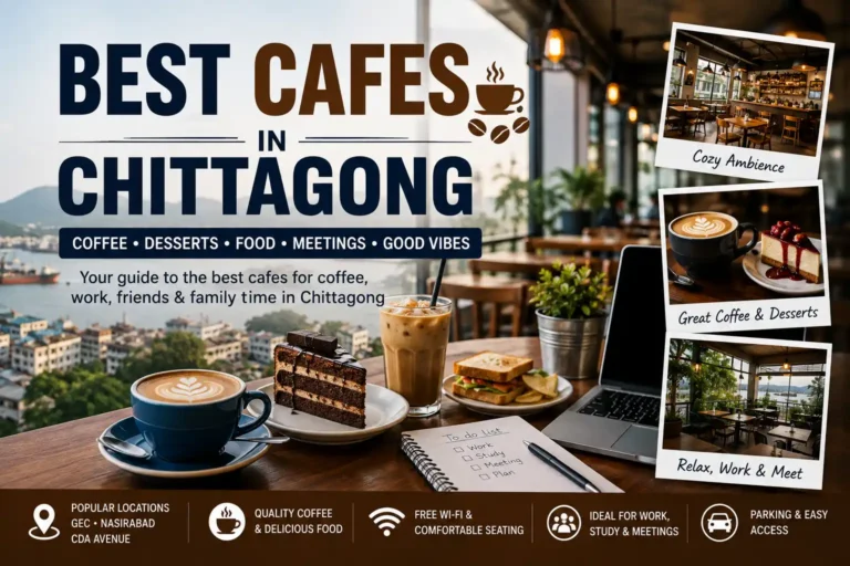 Best cafes in Chittagong featuring coffee, desserts, casual dining, comfortable seating, and workspace-friendly cafe settings.