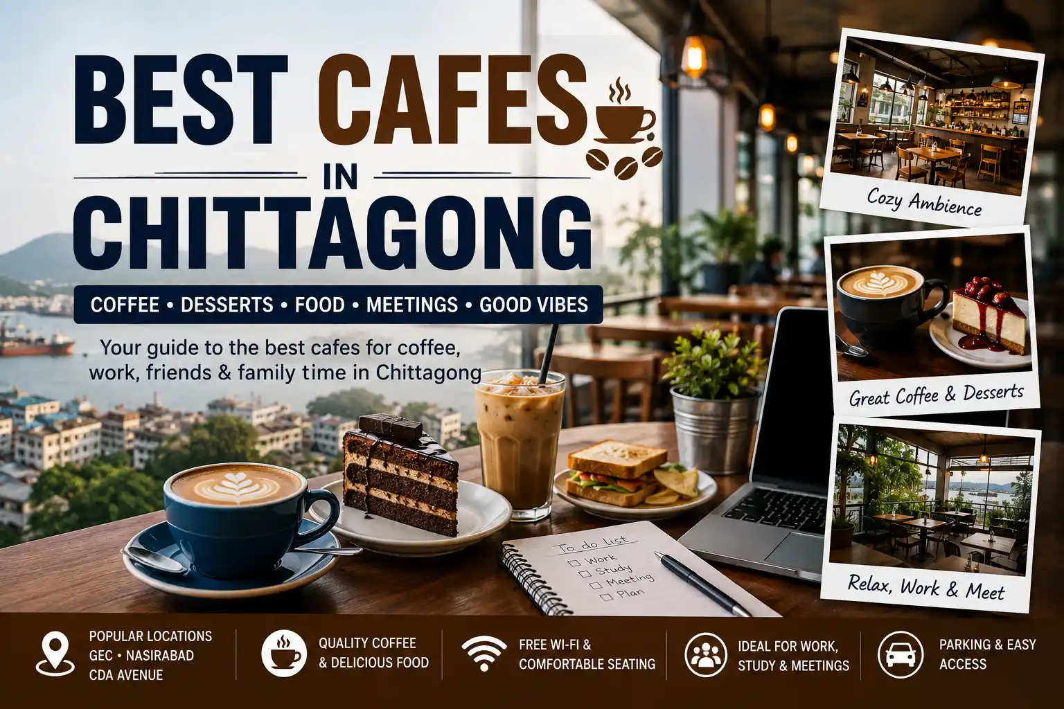 Best cafes in Chittagong featuring coffee, desserts, casual dining, comfortable seating, and workspace-friendly cafe settings.