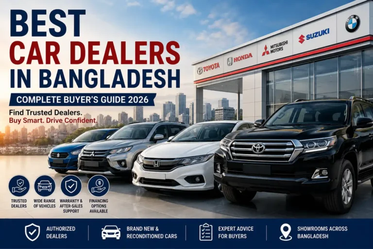 Illustration of the best car dealers in Bangladesh featuring a modern car dealership, new vehicles, SUVs, sedans, and a buyer's guide for choosing trusted car dealers.