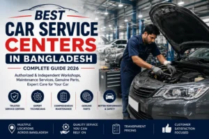 Illustration of the best car service centers in Bangladesh featuring a modern automotive workshop, professional mechanic servicing a car, vehicle maintenance, engine diagnostics, and repair services.